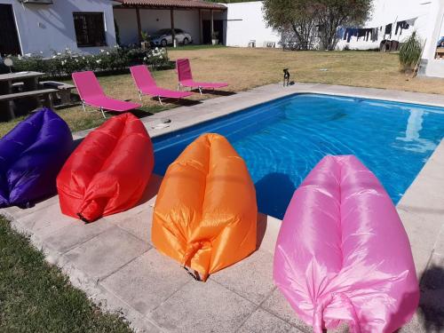 a group of inflatable chairs and a swimming pool at BenjaCha in Cerrillos