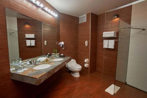 a bathroom with a sink and a toilet and a shower at Casa Andina Premium Puno in Puno
