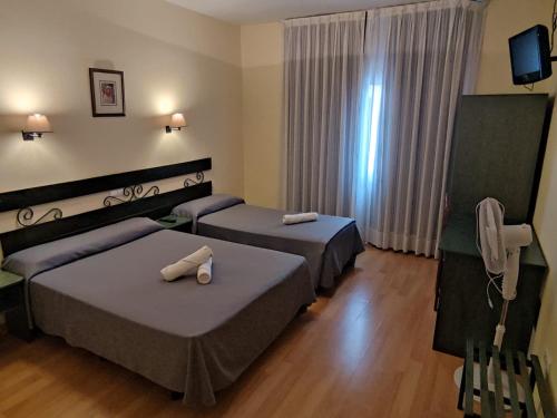 a hotel room with two beds and a television at HOTEL EL MOLINO DE PANCORBO in Pancorbo