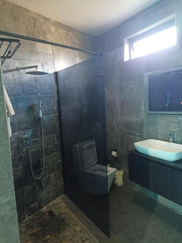 a bathroom with a shower and a toilet and a sink at R-Villa in Grand Baie