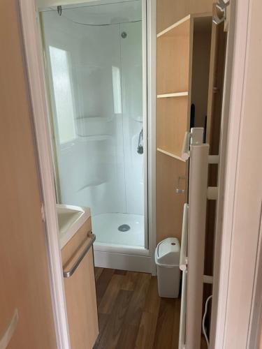 La salle de bains est pourvue d'une douche et d'un lavabo. dans l'établissement Nathalie et Yannick E53 E54 G15 G16 Mobil home climatisé Proche europapark, à Boofzheim