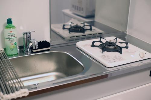 a kitchen sink with a bug on a counter at GM Shinjuku in Tokyo