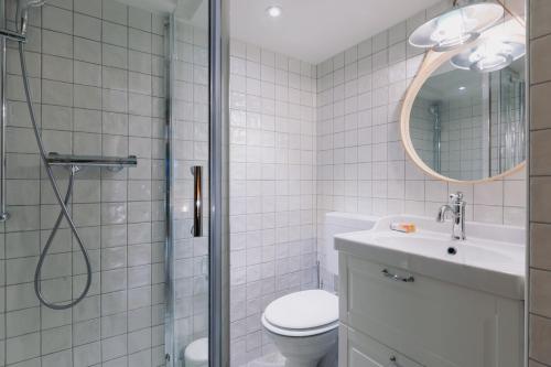 a bathroom with a shower and a toilet and a sink at The Farmhouse in Sedrun