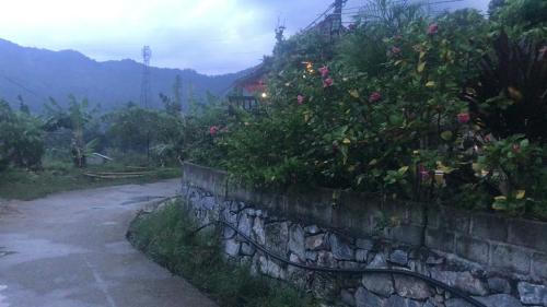 a stone wall next to a path with flowers at Homestay field - bungalow, Ha giang loop tour, motorbikes rental in Ha Giang