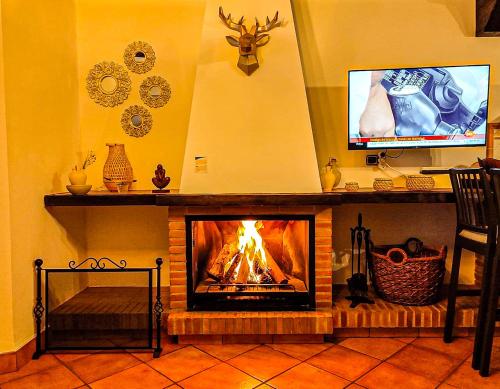 a living room with a fireplace and a tv at Grazalema - Casita La Calma - Increíbles vistas, Climatización Frio-Calor, Wifi, Parking in Grazalema