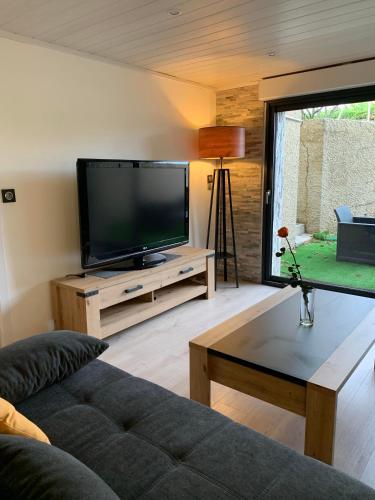 un salon avec une grande télévision à écran plat dans l'établissement Joli Loft dans Villa à Cornas, à Cornas