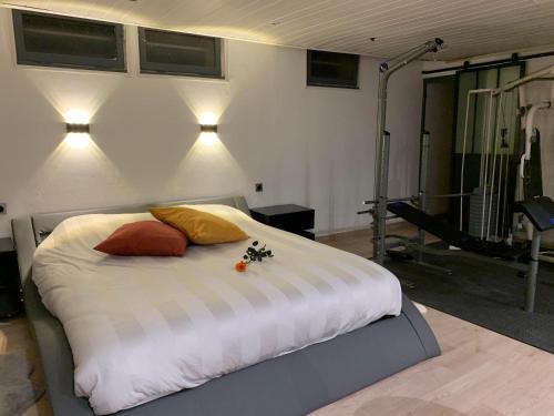 un lit dans une chambre avec deux oreillers dessus dans l'établissement Joli Loft dans Villa à Cornas, à Cornas