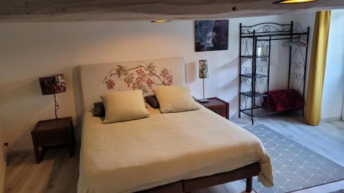 Au creux des vignes في Les Verchers-sur-Layon: غرفة نوم بسرير كبير مع وسادتين