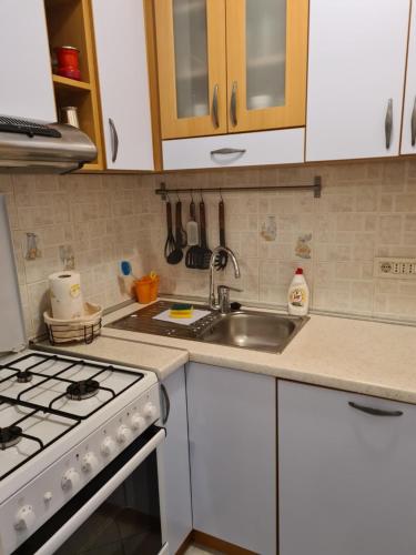 una cucina con armadi bianchi, lavandino e piano cottura di Dolores Apartment a Opatija