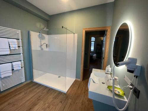 a bathroom with a shower and a white sink at Hôtel Demelenne in Hotton