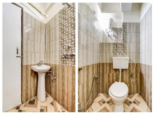 two pictures of a bathroom with a toilet and a sink at OYO 85559 The Nine's in Patna