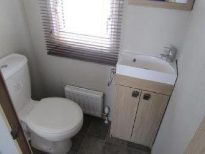 a bathroom with a white toilet and a sink at Roxbury 5 Star 6 berth Luxury Caravan in Exeter