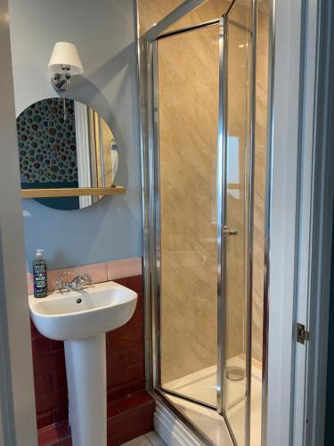 W łazience znajduje się prysznic i umywalka. w obiekcie The Garden Flat w mieście Exmouth