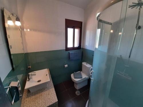 łazienka z toaletą, umywalką i prysznicem w obiekcie Casa De Chenil - Caminito del Rey w mieście Casarabonela