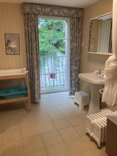 a bathroom with a sink and a large window at La Futaie de Chabrehez- maison typique ardennaise in Houffalize