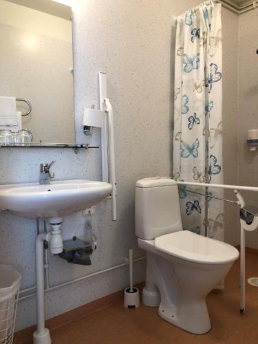a bathroom with a toilet and a sink and a mirror at Finnåkers Kursgård in Finnåkers Bruk