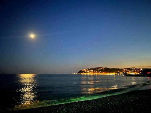a view of the ocean at night with the moon at Hotel Ulivi in Arenzano