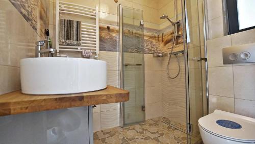 a bathroom with a sink and a shower at Nadmorska Osada in Osłonino
