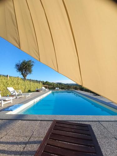 una piscina bajo una gran sombrilla amarilla en Cascina Longoria, en Neive