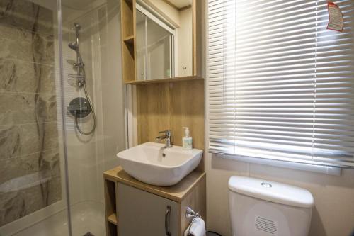een badkamer met een wastafel, een toilet en een douche bij Lovely 6 Berth Caravan With Wi-fi At Weeley Bridge In Essex Ref 69015r in Weeley