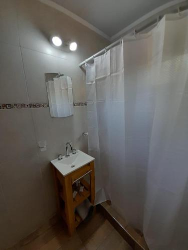 a bathroom with a white shower curtain and a sink at Complejo SABEJO in San Antonio de Areco