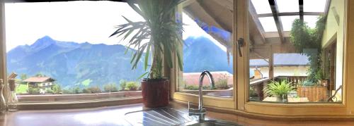 a kitchen with a window with a potted plant and a sink at Astegg, Apart in Finkenberg