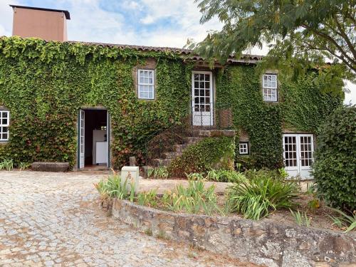 an ivy covered building with a door and stairs at Casa do Crasto in Amarante