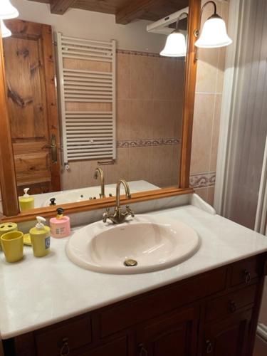 un bancone del bagno con lavandino e specchio di Casa Conchita de Benasque a Benasque