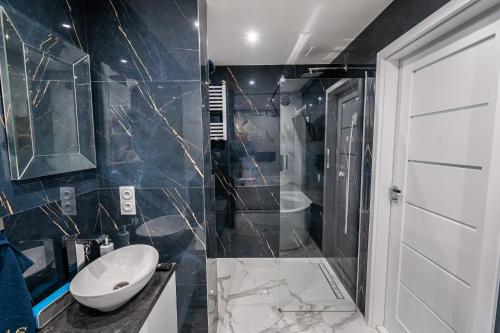 a bathroom with a shower and a sink and a toilet at Art Styl in Białystok