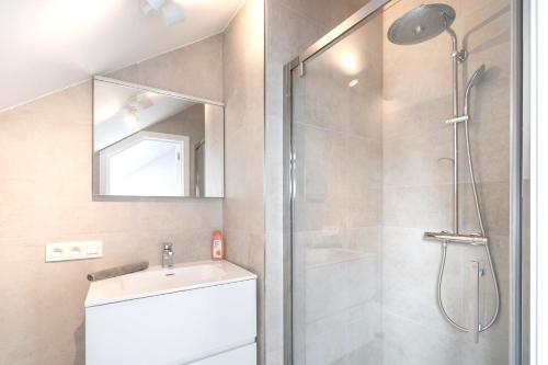 uma casa de banho com um chuveiro e um lavatório. em City Centre Loft Residence em Antuérpia