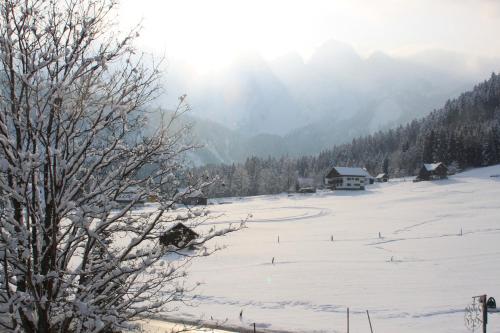 a snow covered field with a house in the background at Mühlradl Apartments Gosau in Gosau