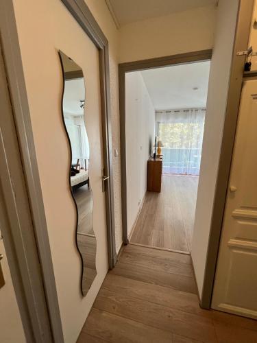 a hallway with a mirror on the wall at Studio Aphyllante, Carnon plage, 3 étoiles in Carnon-Plage