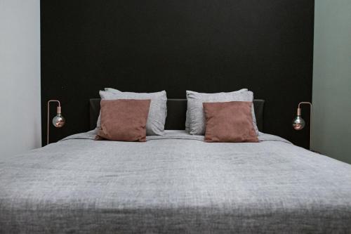 Bed & Wellness Boxtel في بوكستيل: غرفة نوم بسرير كبير مع وسادتين