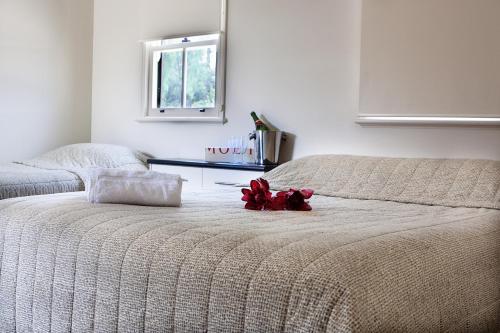 Prince Of Wales Hotel Gulgong في جولغونغ: غرفة نوم بسرير عليها وردة حمراء