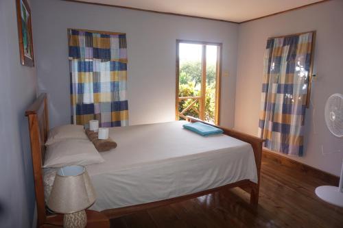 a bedroom with a large bed with a window at Mana Kai Camping & Cabins in San Ignacio