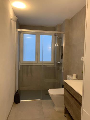 baño con ducha y aseo y ventana en Apartamento nuevo, 3 dormitorios con terraza, en Granada