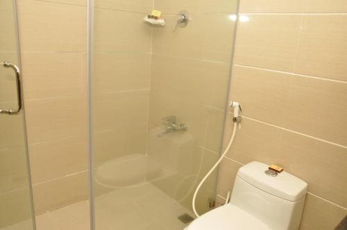 a bathroom with a shower with a toilet and a glass door at Harmony Hotel in Addis Ababa