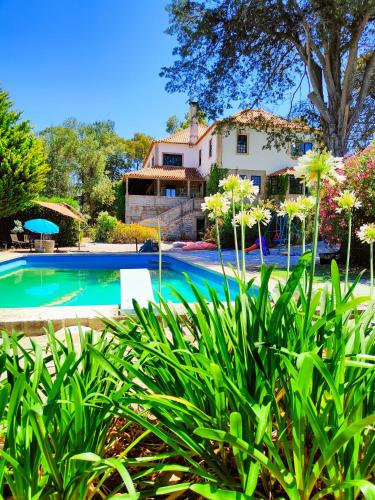 a swimming pool in front of a house at Lugar da Pedra Alta - B&B - Private Historical Villa in Melo