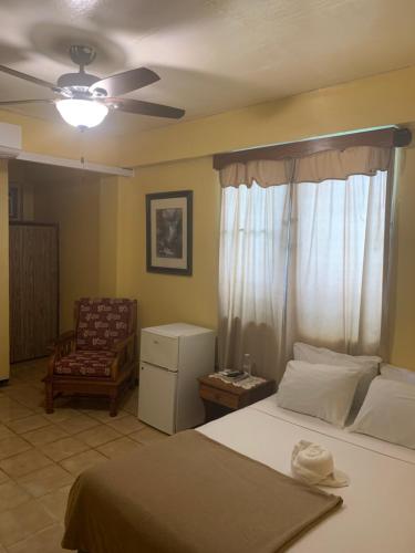 een slaapkamer met een bed en een stoel en een plafondventilator bij Chaleanor Hotel in Dangriga