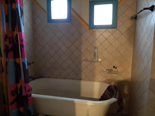 a bath tub in a bathroom with two windows at Cuartos en el segundo piso de casa de artista en Flores in Buenos Aires