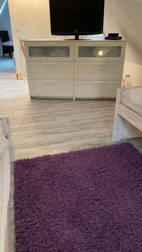 a living room with a purple rug and a tv at Gästehaus Bönebüttel-nahe Neumünster Netflix in Bönebüttel