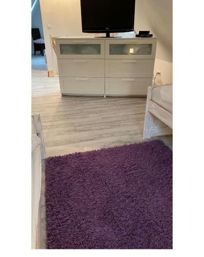 a living room with a purple rug and a tv at Gästehaus Bönebüttel-nahe Neumünster Netflix in Bönebüttel