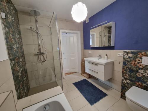 ein Bad mit einer Dusche, einem WC und einem Waschbecken in der Unterkunft Gemütliche Premium Ferienwohnung mit Terrasse nähe S-Bahn in Burgthann