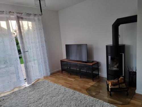 a living room with a fireplace and a television at Gemütliche Premium Ferienwohnung mit Terrasse nähe S-Bahn in Burgthann
