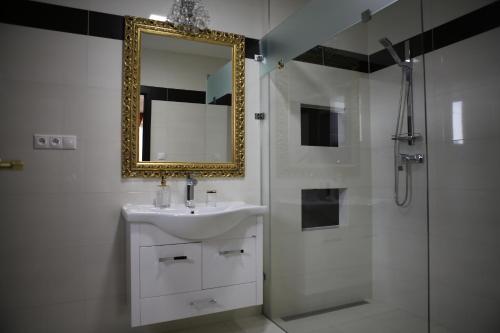 a bathroom with a sink and a shower with a mirror at Hotel Kotva in Bratislava