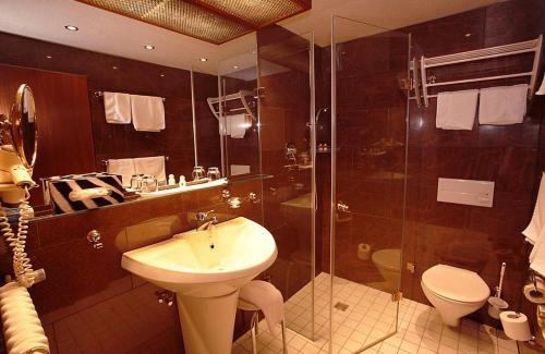 La salle de bains est pourvue d'un lavabo, de toilettes et d'une douche. dans l'établissement Art-Hotel am Park, à Badenweiler