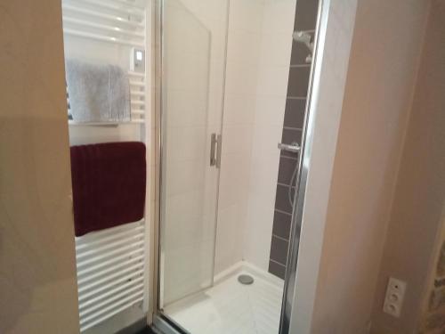 a shower with a glass door in a bathroom at Coeur de ville cosy in Morlaix