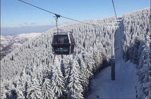 a ski lift flying over a snow covered mountain at APARTMENTS FOKA&SPA - 600m from Gondola ski lift in Kopaonik