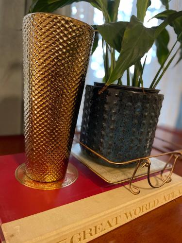 two vases sitting on top of a table with glasses at Flora House Denver in Denver