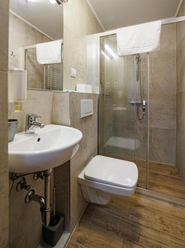 a bathroom with a toilet and a sink and a shower at Leśne Patio in Katowice